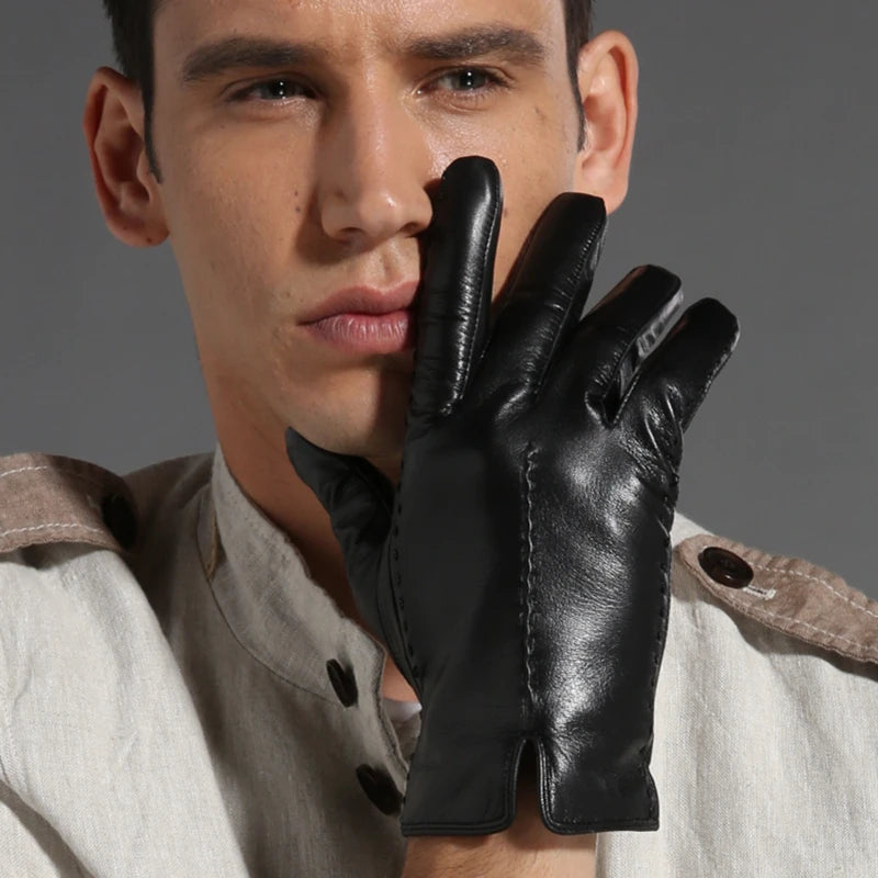 Winter Real Leather Gloves Men Black Genuine Gloves Fleece Lining Warm