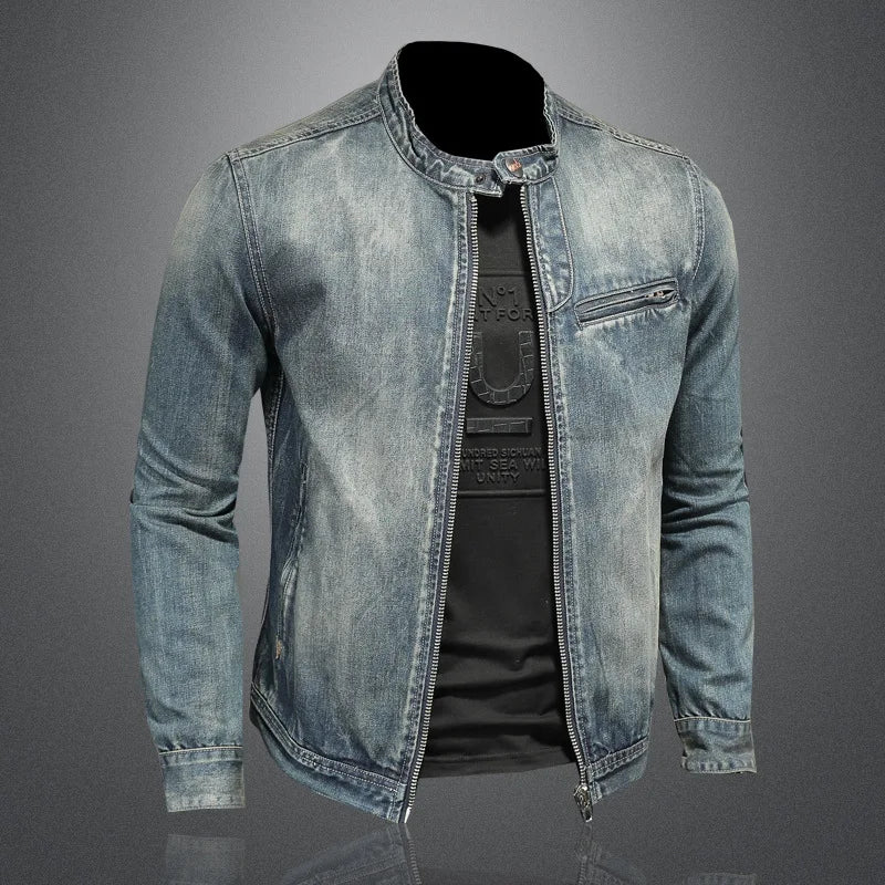 Men Retro Denim Jackets Patchwork Motorcycle Biker Coats Streetwear Slim fit Outerwear