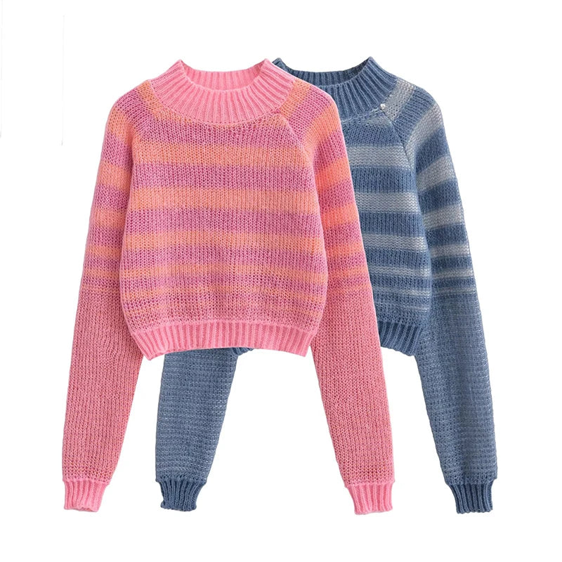 Autumn Women Long Sleeve Round Neck Striped Crop Knit Sweater