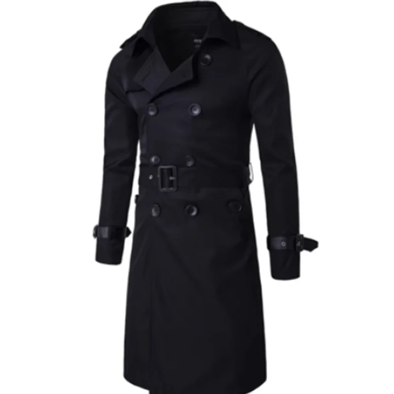 Mens Spring Autumn Windbreak Overcoat Long Trench Coats with Belt Male Pea Coat Double Breasted