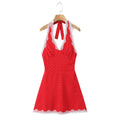 Spliced Lace Bow Halter Backless Mini Dress Women No Back Backless A-line Short Robe Holiday