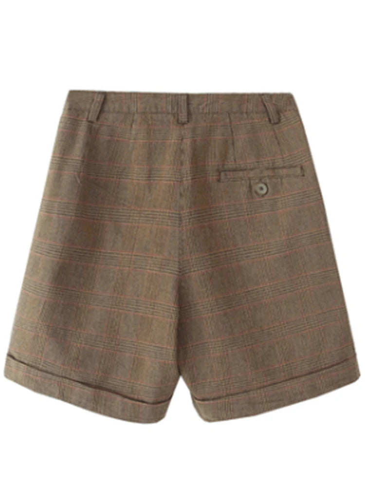 Casual Women Brown Button Plaid Short Pants Summer Ladies Casual Female Knitted Shorts