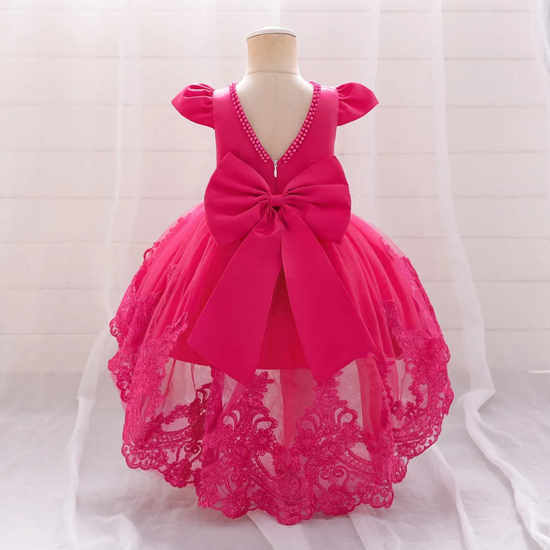Toddler Bow Baby Dress For Girls Beading Tulle Princess Birthday Embroidery Kids Party Dresses for Girl Pink Baptism Costume