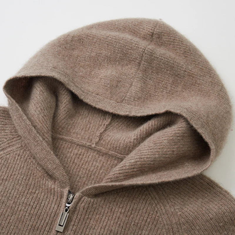 Autumn Winter Cashmere Sweater Wool Men Cardigan Hooded Collar Knitted Jacket Warm Tops