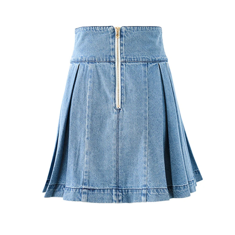 Women Summer Mini Denim Pleated Skirt High Waist