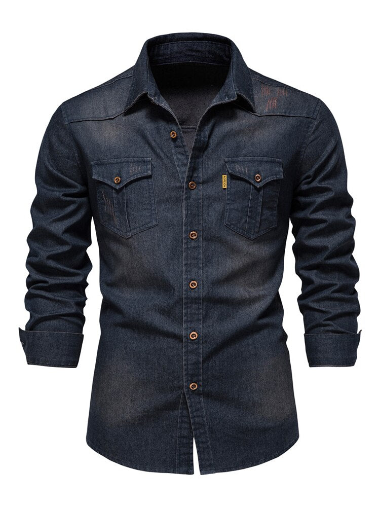 Men Denim Long Sleeve Shirts Casual Solid Single Breasted Top Men Elastic Pure Cotton