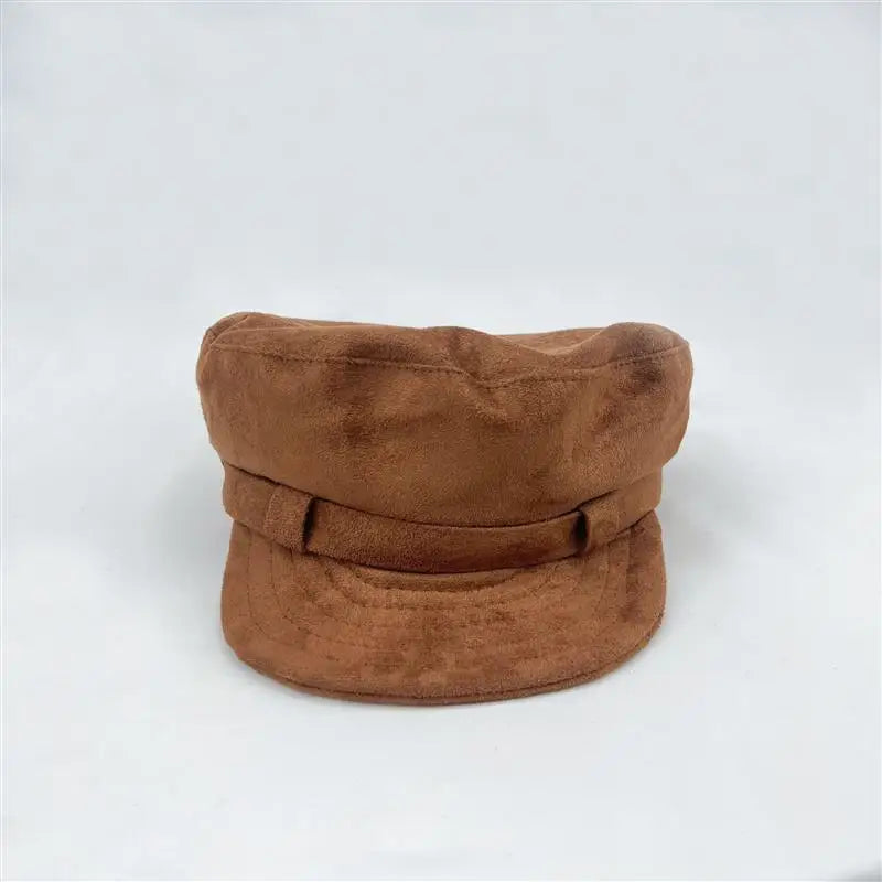 Retro Brown Suede Winter Military Cap Men Women Flat Newsboy Cap Autumn Belt Ribbon Visor Hat