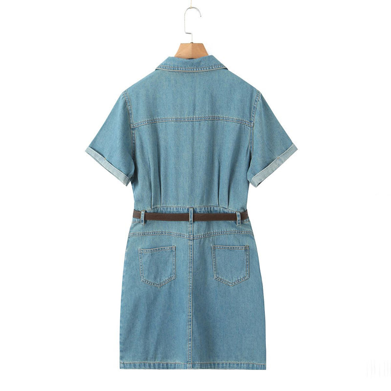 Dress Women Clothes Summer Short Sleeve Belt Chic Retro Denim One-Piece Oversized Curve