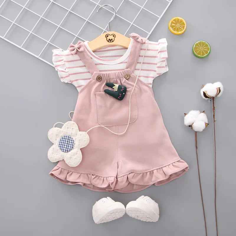 Toddler Baby Girl T-shirt Suspender Shorts Outing Clothes Bay Sets Suits