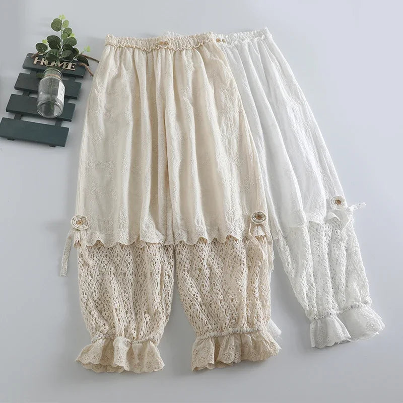 Lace Flower Embroidery Hollow Out Pants Women Kawaii Elastic Waist Ruffles Casual Loose