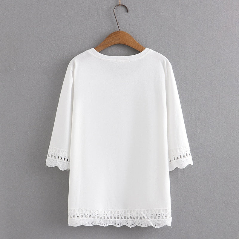 Women Spring O-Neck Tees Sweet Lace 3/4 Sleeve Bottoming Tops Oversized Curve Clothes