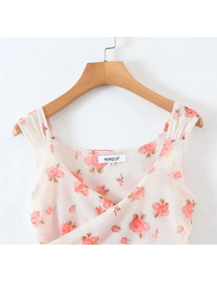 Summer Crop Tops Woman Cute Sweet Sexy Cross V-Neck Rose Mesh Short Vest Female Tank Tops