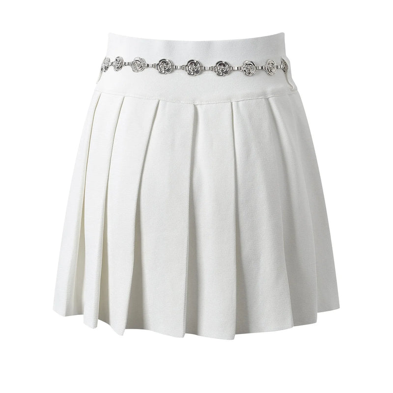 Pleated Women sKnitted Mini Skirt with Chain Belt