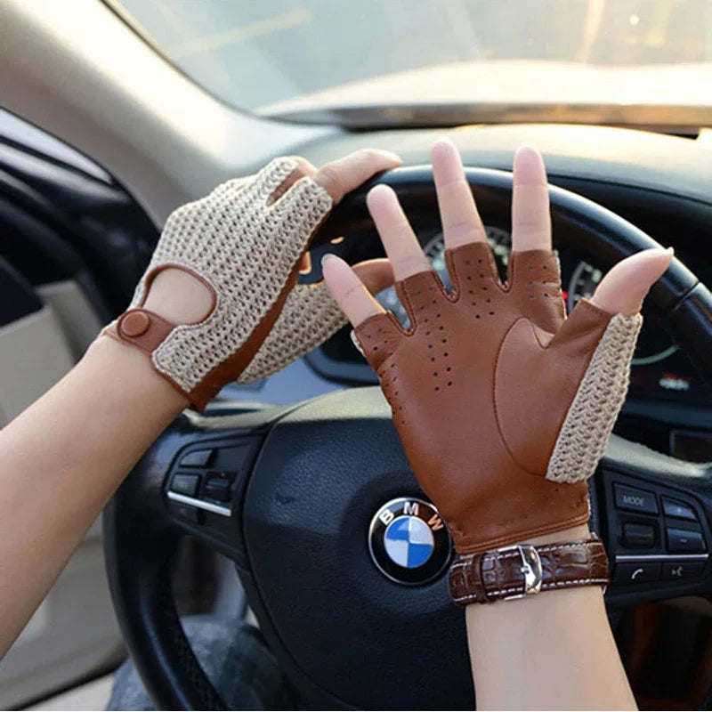 Men Gloves motorcycle locomotive Half Finger Gloves Knitted Leather Thin Unlined Knitting Mittens