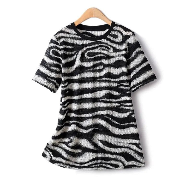 Woman Blouse Zebra Pattern Cool Hollow Straight Stretch Chiffon Summer Women T-shirts