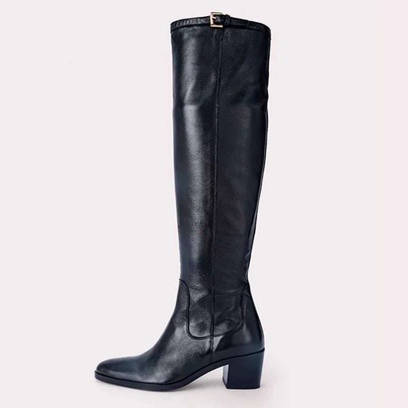 Women's Knee High Boots Med Heels Round Toe Black Dress Casual Female Autumn Winter Warm Shoes