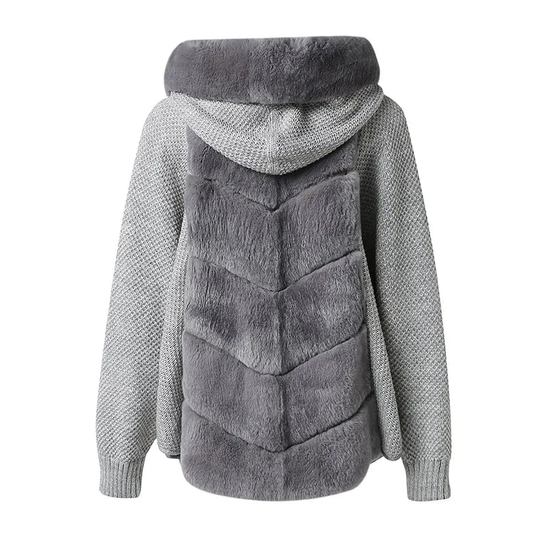 Fur Winter Coat Women Thick Warm Stand Collar Knitting Jacket Lady Outwear