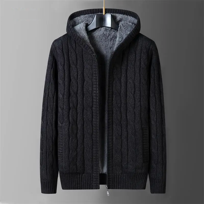 Men Fleece Warm Black Khaki Knit Winter Sweater  Wool Liner Cardigan Knitted  Hooded Sweater Knitwear Jackets Coat Clothing