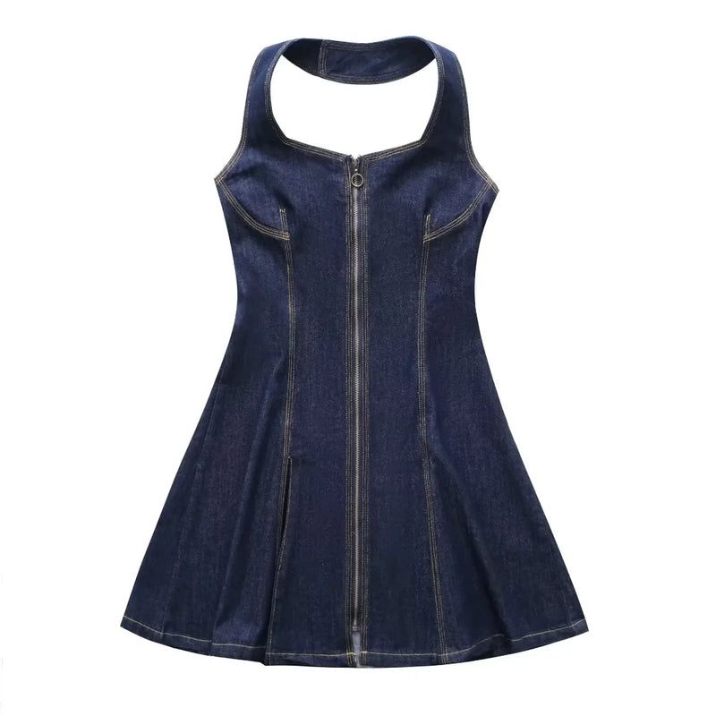 Women Denim Dress Solid Halter Front Zipper Straight Sleeveless Mini Dress Summer Dress