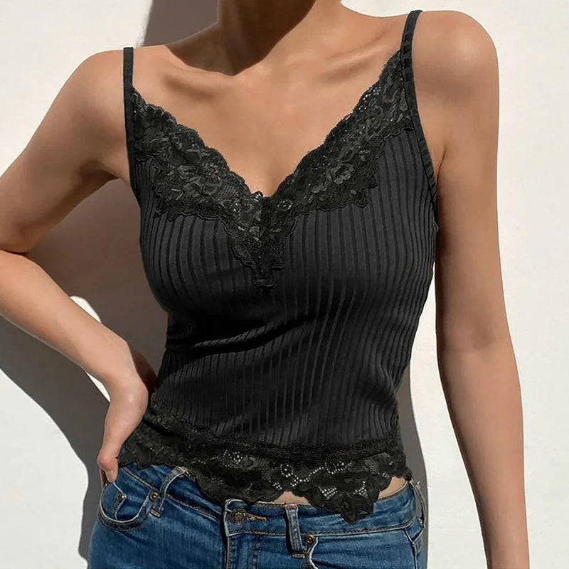 Floral Bralette Women Tank Top Deep V Neck Slim Fit Sleeveless Pullover Solid Sexy Lace Sling Camisole Lady Vest T-shirt