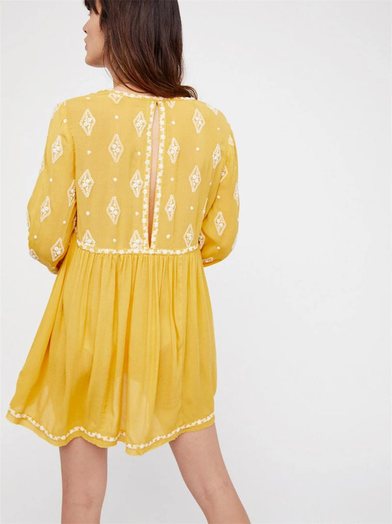 Australian Loose Casual Dress Embroidered Trumpet Sleeve Dress Pullover Short Skirt  For Women