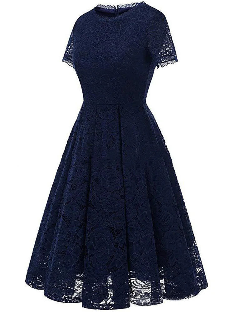 Elegant Lace Swing Party Short Prom Dress Short Sleeve Solid Evening Dresses