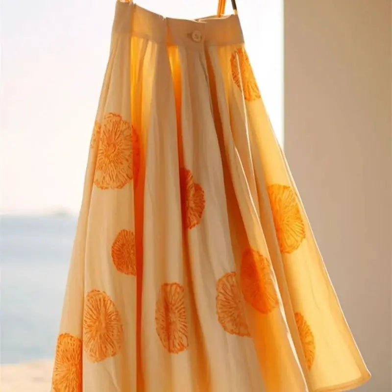 Elegant Floral Silk Satin Skirt Women High Waist Pleated Skirts Casual Holiday