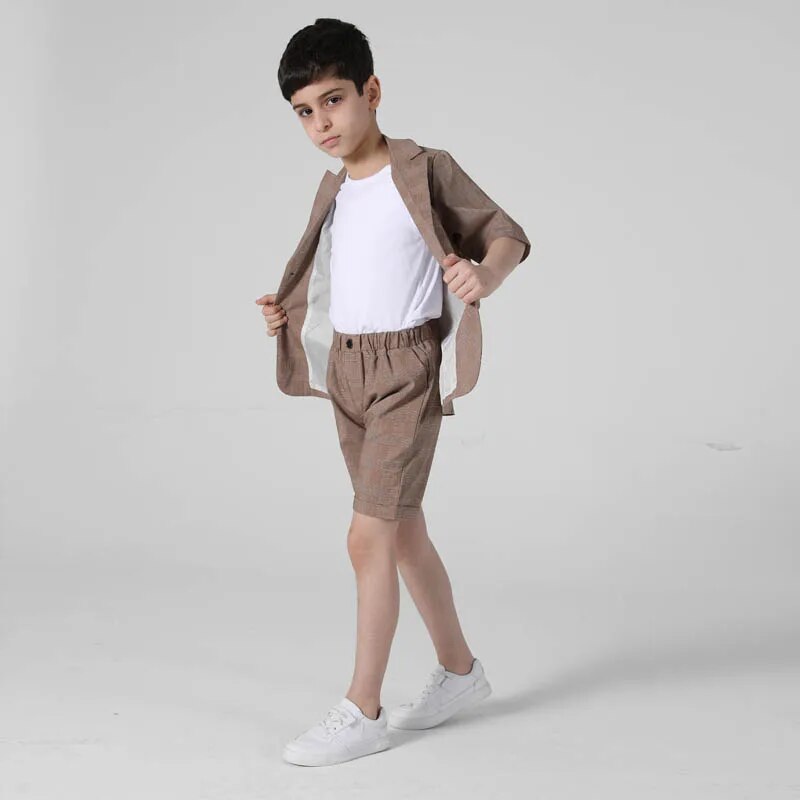 Children Casual Small Suit Set Boys Summer Student Dress Catwalk Costumes Kids Short Sleeve Blazer Shorts 2 Pcs Clothing Set