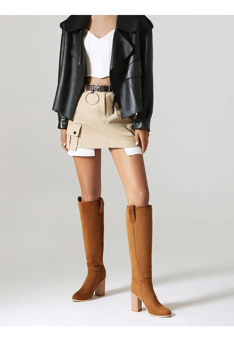 Women Knee Boots With Wood Grain Thick Heels Slip-On Boots