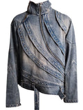 Stand Collar Rotate Zipper Denim Jacket Heavy Weight Distressed Jean Jacket Punk Denim Coat