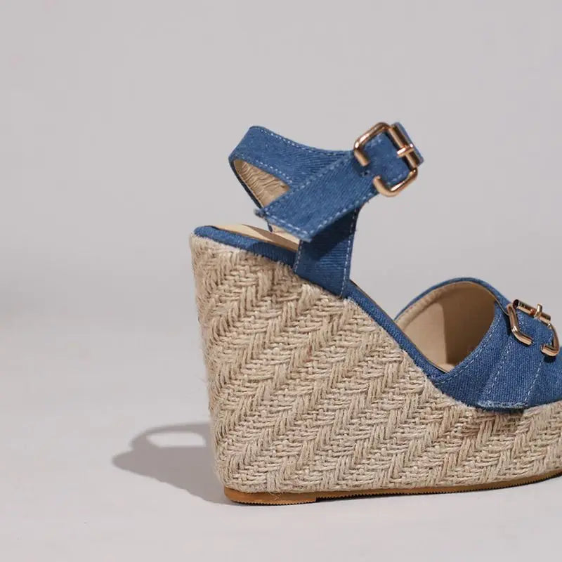 Sandals Peep Toe Jute Wedges Denim Buckle Straps Summer