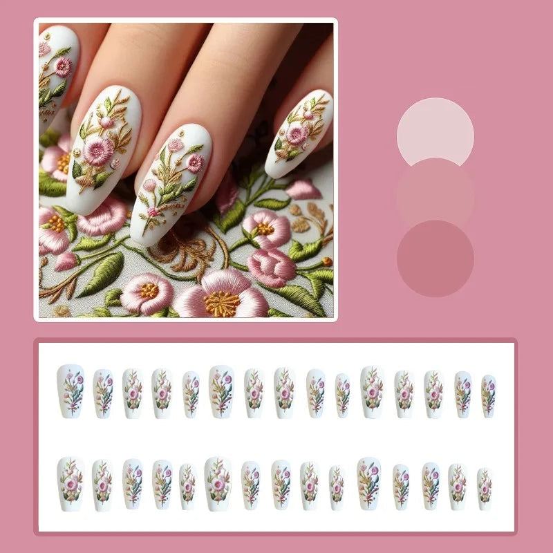 24 Pcs Pink Green Flower Press on Acrylic Nails for Women Nail Art Coffin Aesthetic Fake Nails