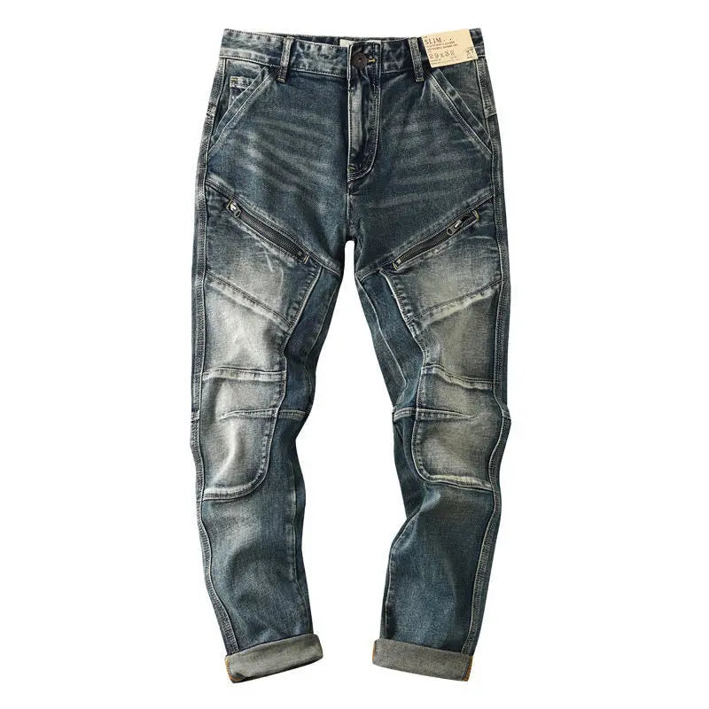 Retro Motorcycle Jeans Men Spring Autumn Loose Zipper Designer Straight Pants Stitching Tooling Cargo Pants Men