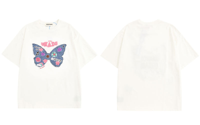 Retro Cute Embroidery Denim Butterfly Patch Streetwear Men Women Summer Cotton Top