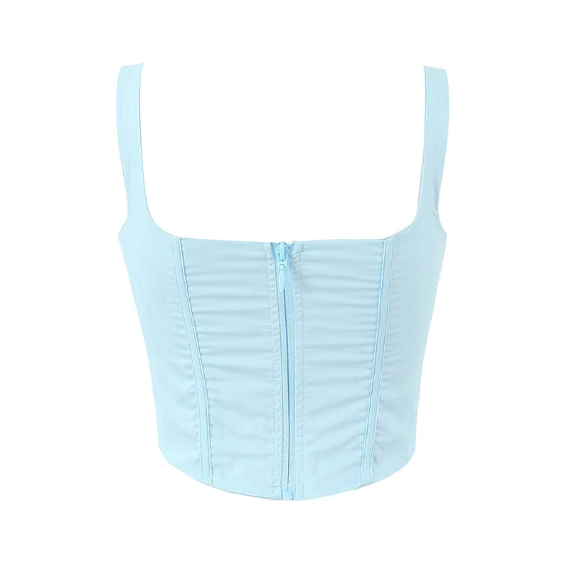 Women Blue Cotton Boning Corset Summer Party Chic Crop Top