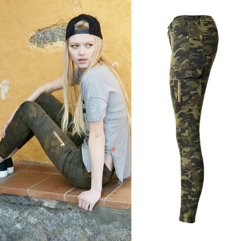 Military Style England Slim Skinny Jeans Women Camouflage Pockets Vintage Trousers Push Up Denim Pencil Pants