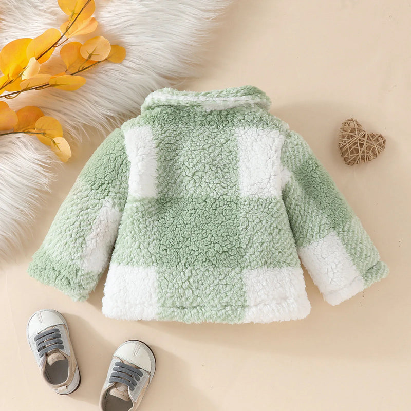 Infant Baby Girls Fall Winter Fuzzy Jacket Lapel Plaid Coat Thicken Warm Outerwear