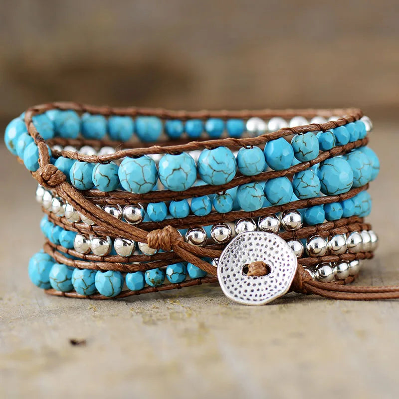 Healing Turquoises Stone Beaded Wristband Leather Cord String Wrap Bracelet Femme Girls Boho-chic Jewelry