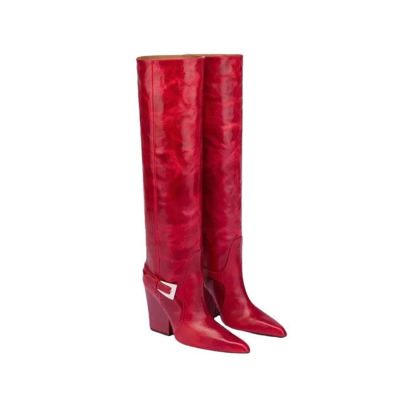 Autumn and Winter Long Boots with Square Toe Thick Heel One Foot Belt Buckle Knee High Boots