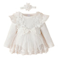 Infant Baby Girls Rompers Dress Flower Embroidery Tulle Rib Knit Bodysuit with Headband Toddler Kid Fall Winter