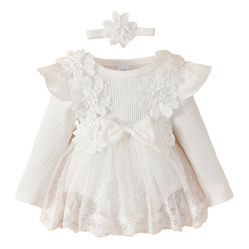 Infant Baby Girls Rompers Dress Flower Embroidery Tulle Rib Knit Bodysuit with Headband Toddler Kid Fall Winter