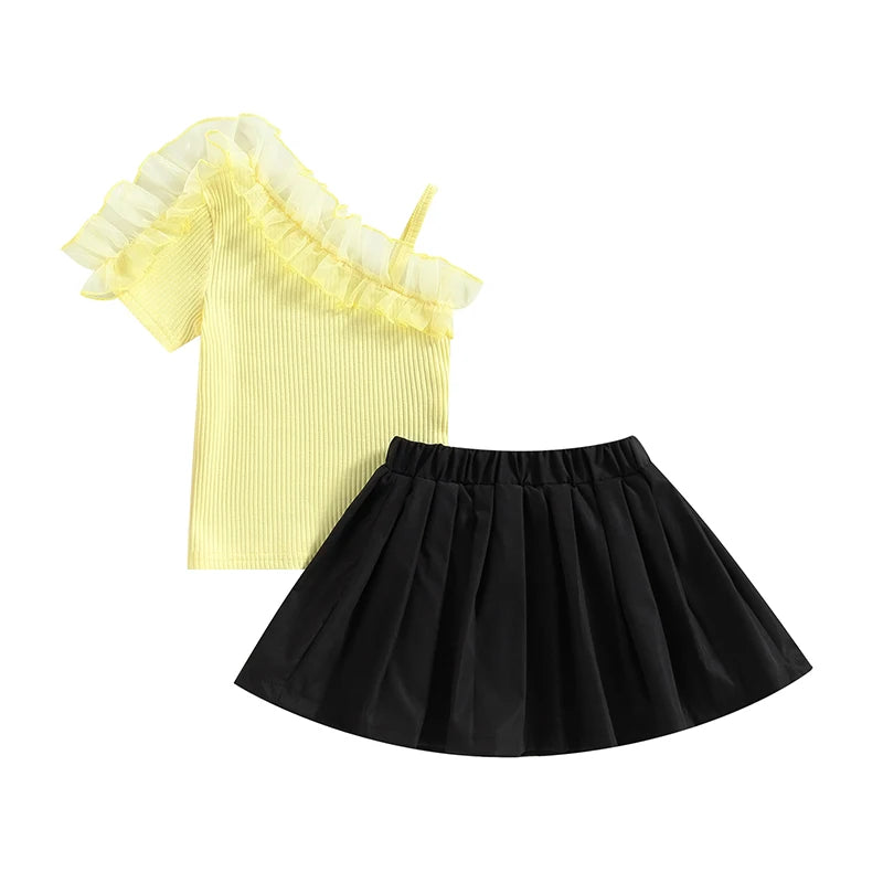 Kids Girls Sweet Skirt Set Short Sleeve Patchwork Tops Elastic Waist Pleated Skirt