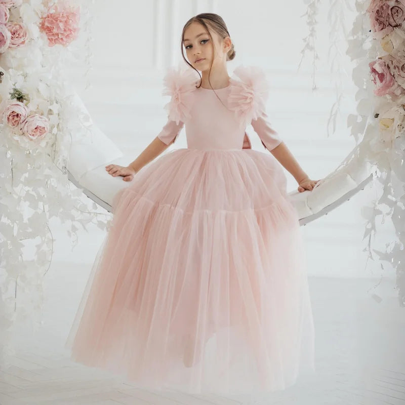 Flower Girl Dresses Tulle With Bow Half Sleeve For Wedding Birthday Party Banquet Princess Gowns