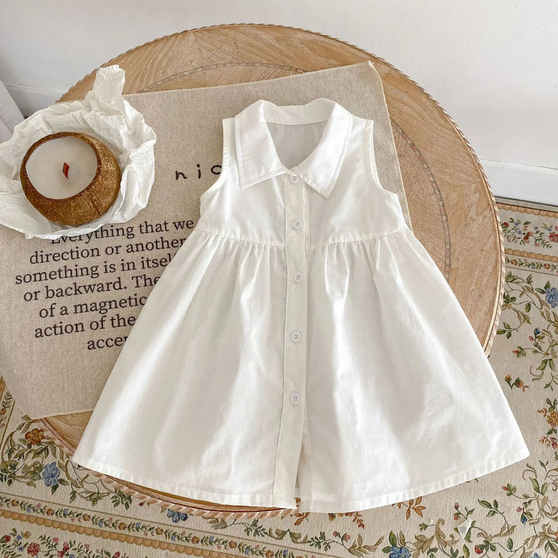 Girls White Button-breasted Dress