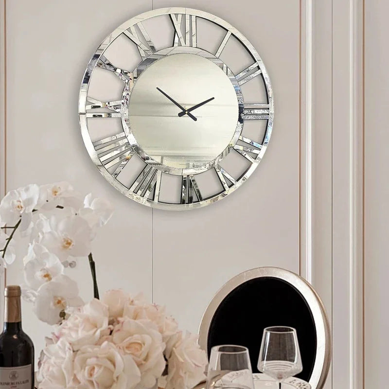 Wall Clock Glass Mirror Modern Decorative Roman Large Silver Wooden Round 3D Clock