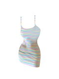 Women's Dress Summer Spaghetti Strap Rainbow Stripe Mini Dress Elegant Ladies A-line Party Club Sundress Vintage