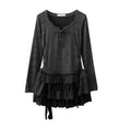 Women Ruffled Spliced Lace Short Dress Autumn Bow Lace-up V-neck  Slimming Dresses