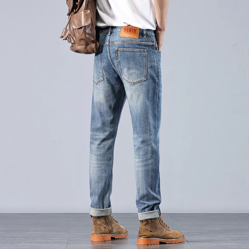 Denim Jeans for Men Slim Fit Straight Washed Pants Autumn American