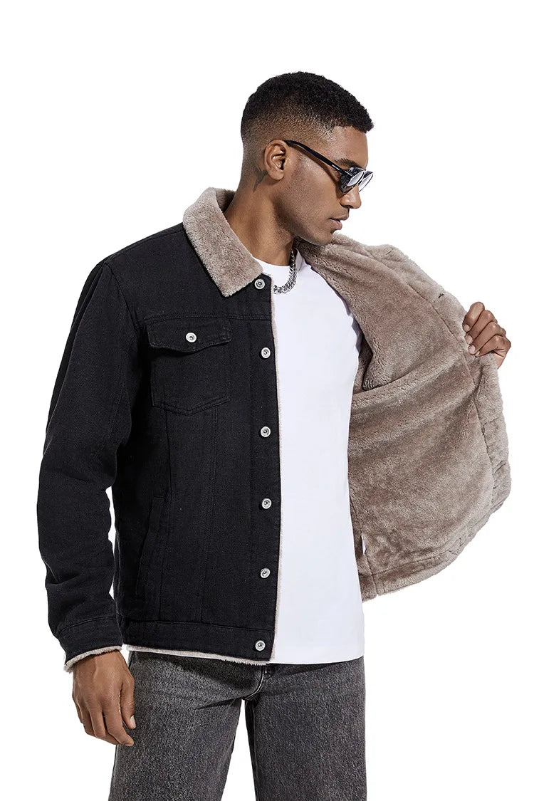 Men Denim Jacket  Thickened Fleece-Lined Casual European and American Retro Jacket