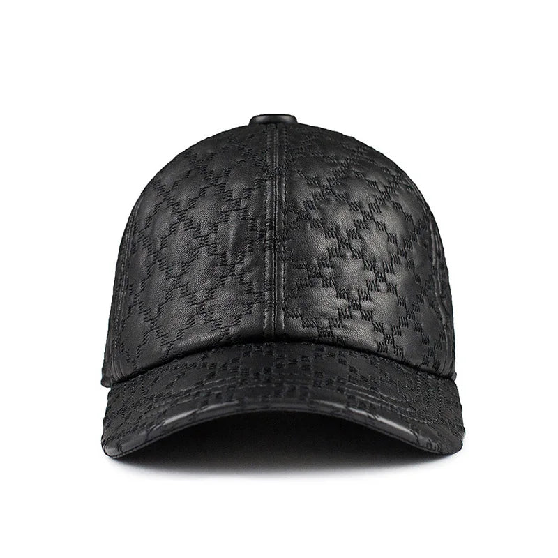 Men Hats Genuine Leather Rhombus Check Embroidered Baseball Cap Retro Casual